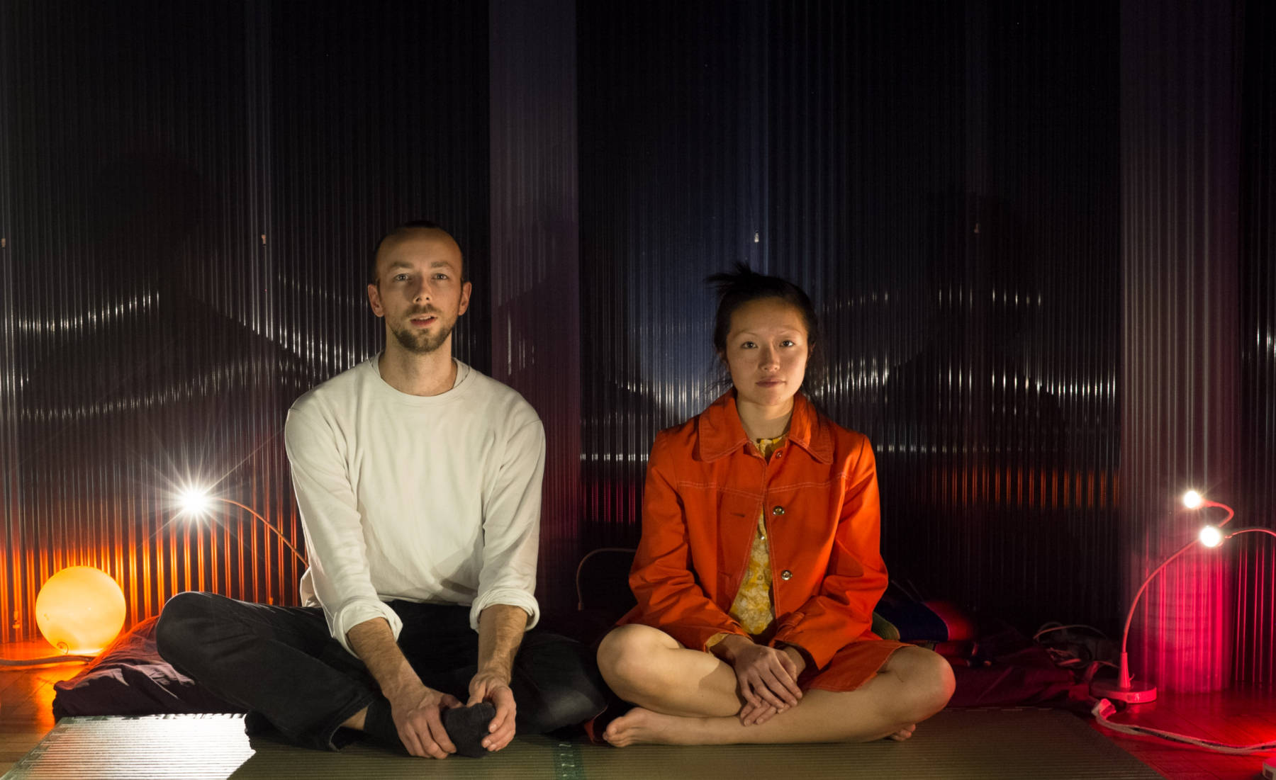 Jan Lee & Tim Murray-Browne, creators of Movement Alphabet, sat within the interaction pod