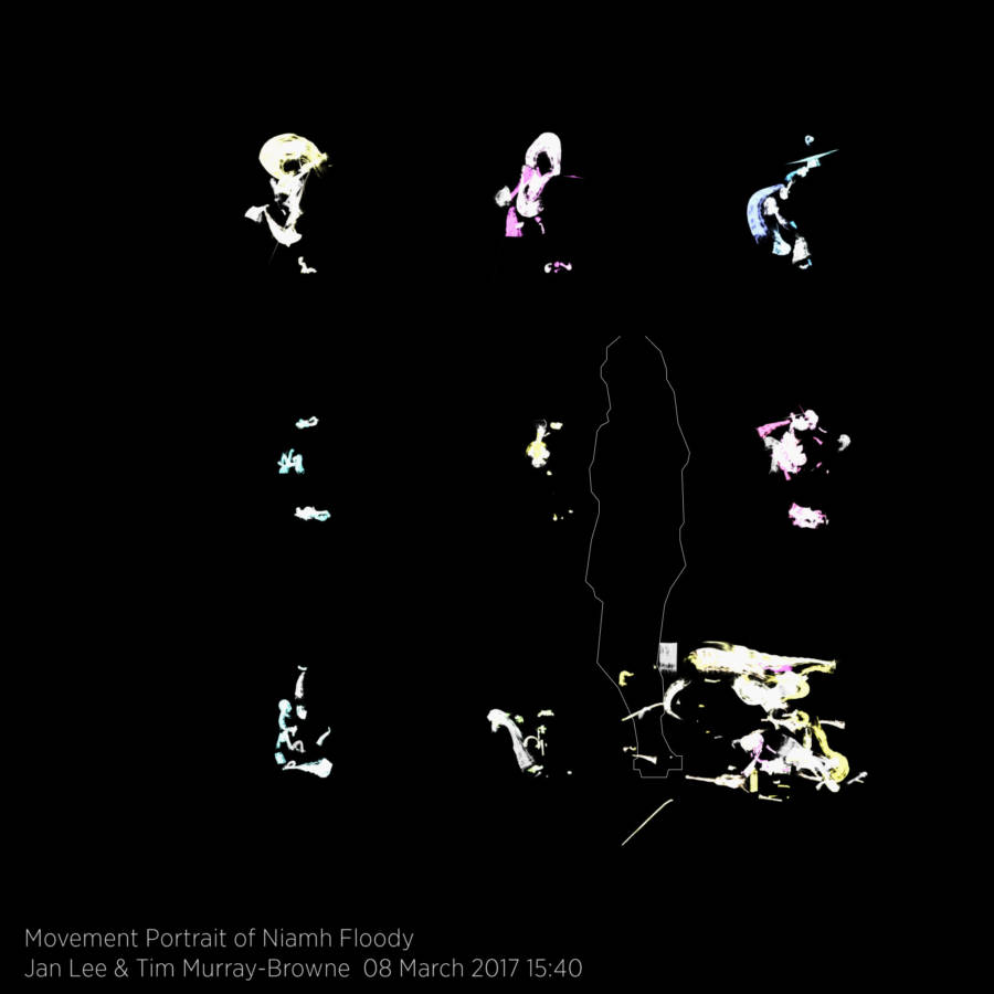 Movement Portrait of Niamh Floody. Created as part of Movement Alphabet by Jan Lee and Tim Murray-Browne in the immersive digital interactive performance Movement Alphabet while exhibiting at Bucks New University.